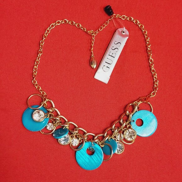 Guess Necklace Blue Teal Beads Gold Tone Clear Rhinestones - Picture 5 of 10